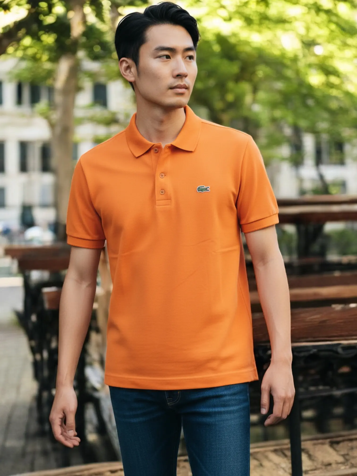 camiseta polo caballero con logo de lacoste para tienda owl naranja